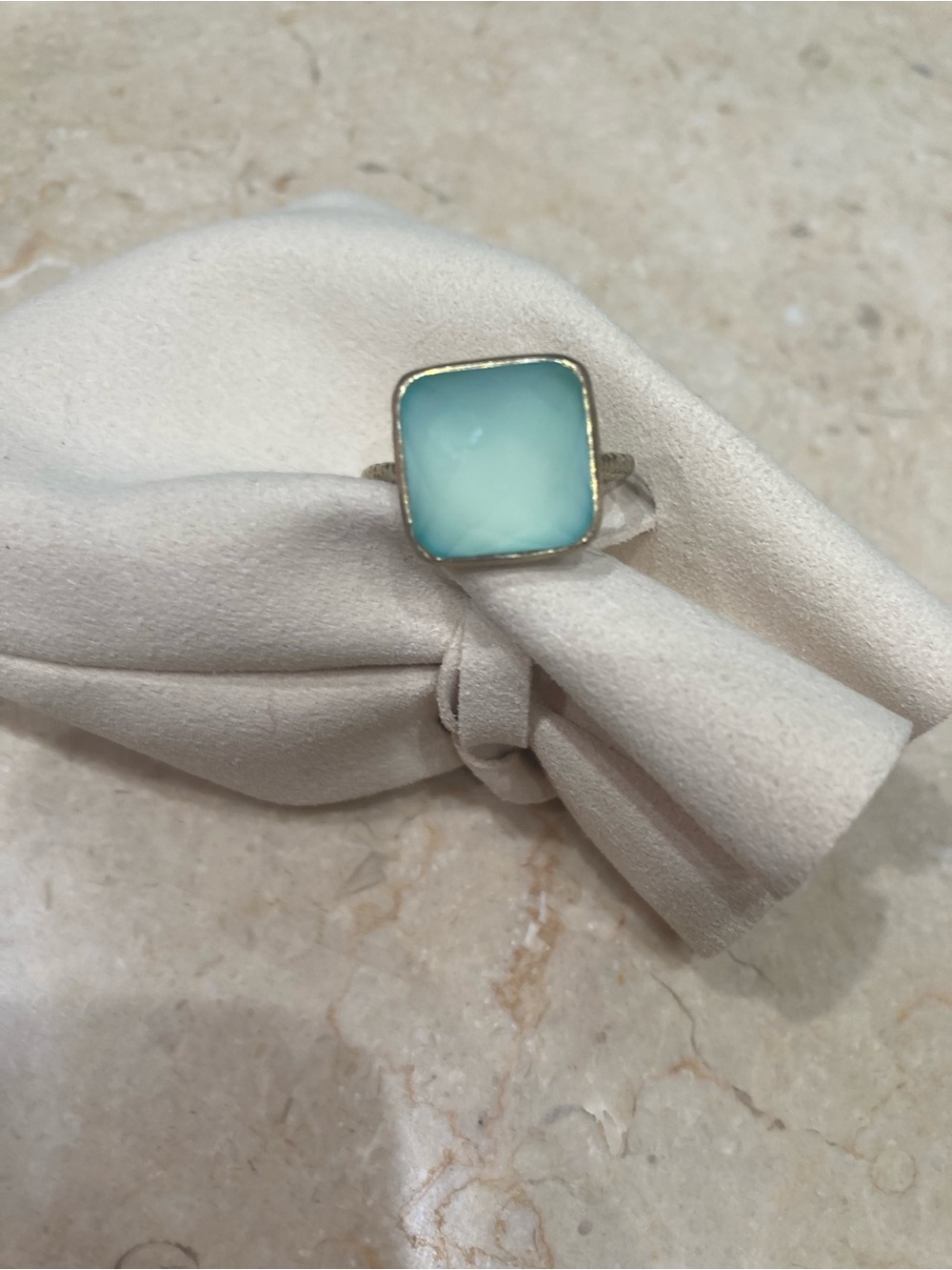 Sterling Silver with Hammered Metal Square Aqua Chalcedony Ring, Size 8